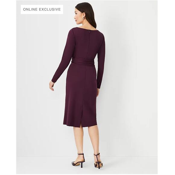 ANN TAYLOR Plum Long Sleeve Tie Waist Sheath Midi Dress // 10 - Picture 2 of 11